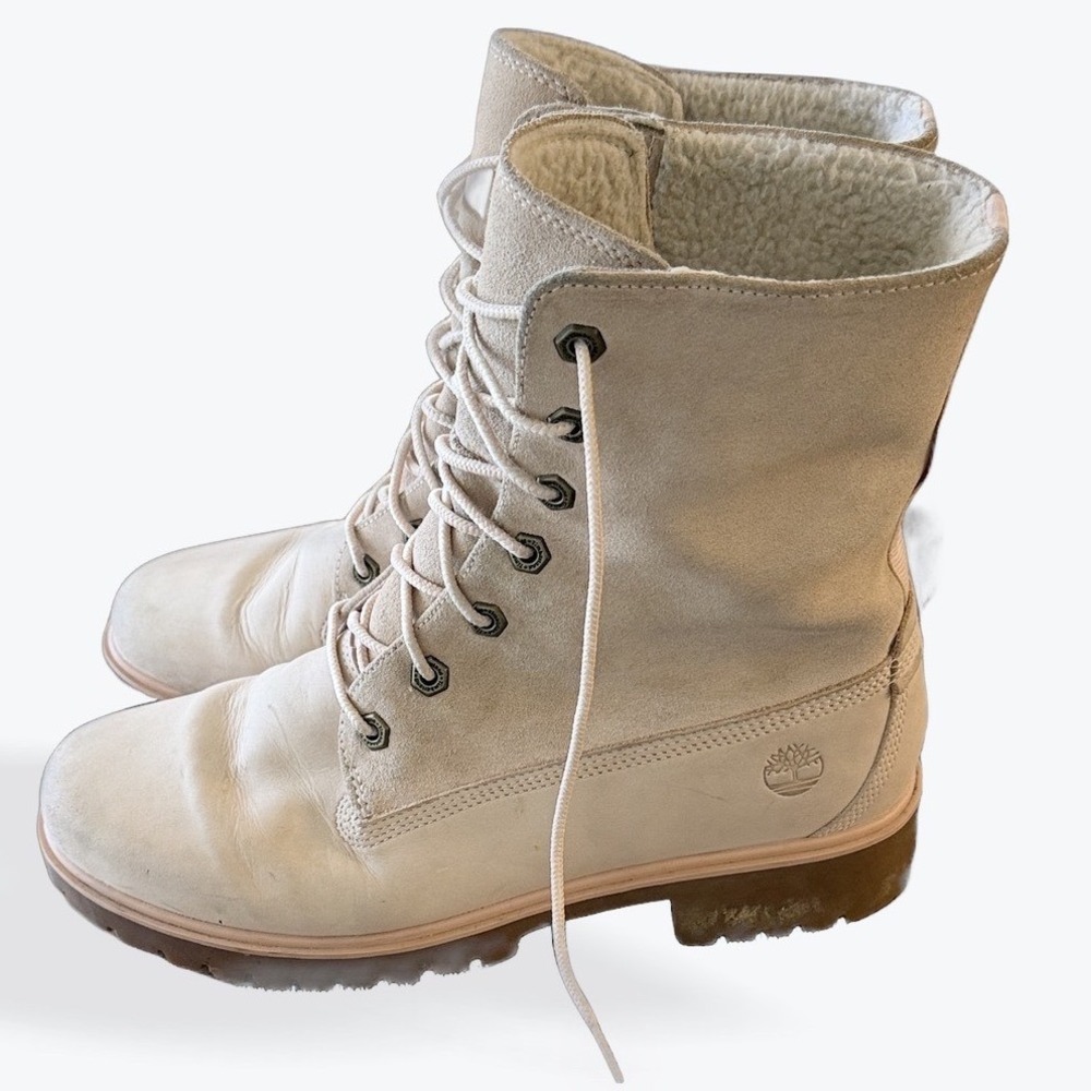 Timberland Womens Cream Suede Leather Shearling Lined Lace Up Boots Size 7